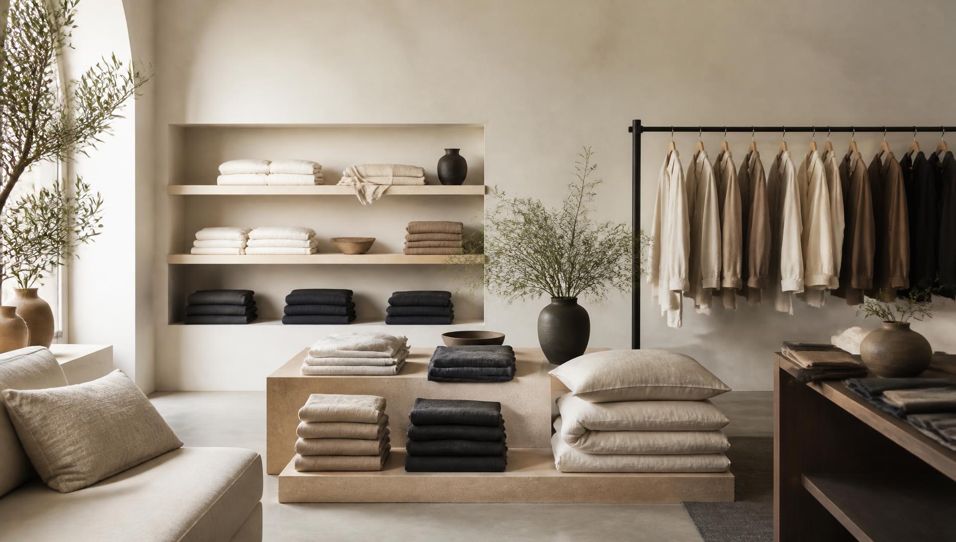 AOTELIU HOME MODA wholesale showroom with folded textiles, apparel and upholstered seating